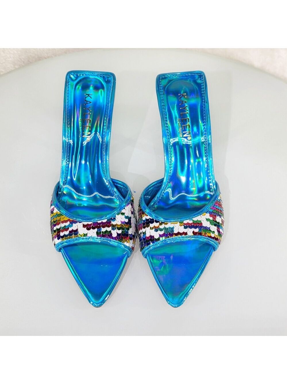 NIB Festive Blue Sequin Slip On 2.5" Heel Casual Evening Party Shoes - Picture 8 of 9
